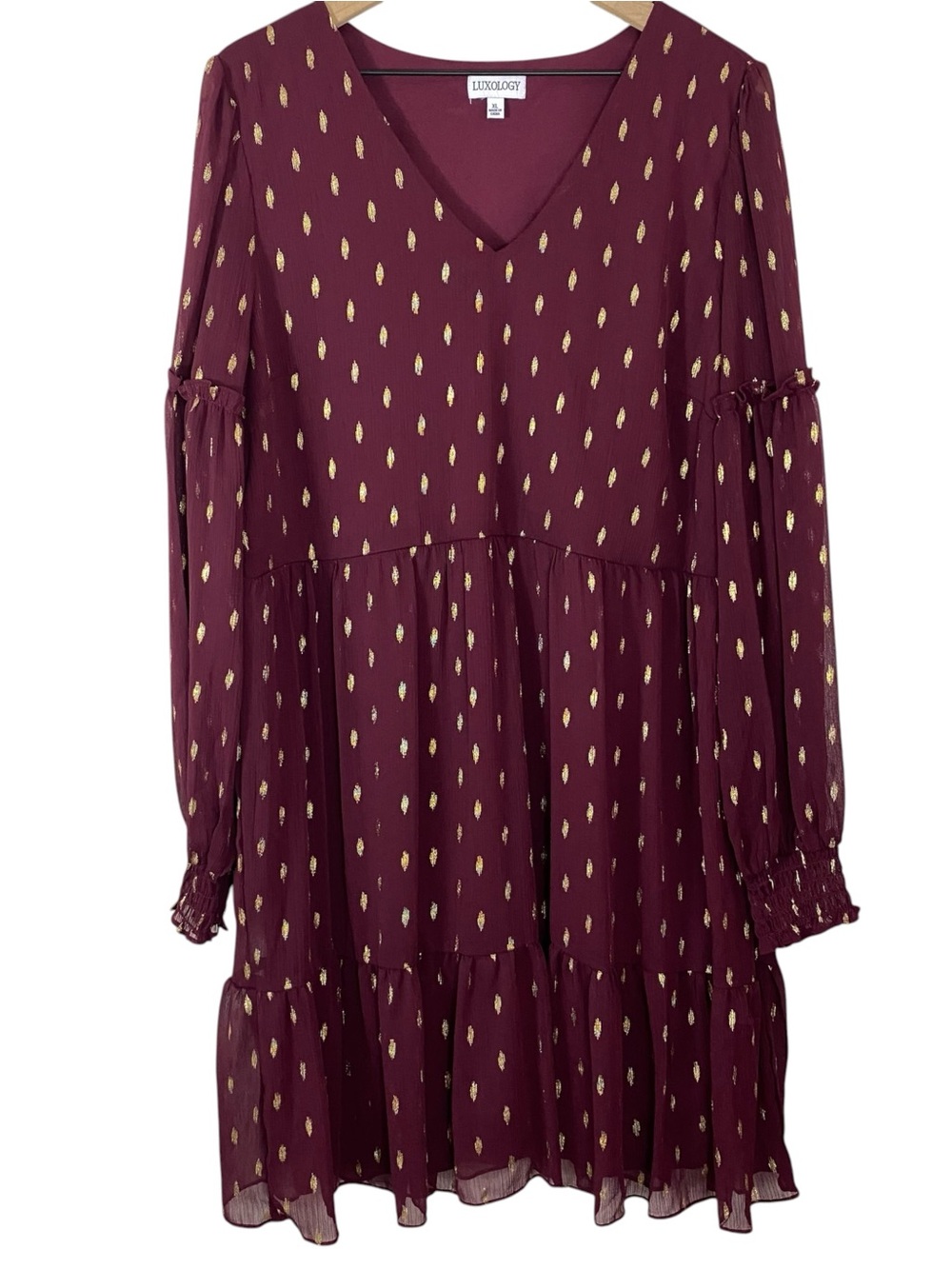 Luxology Womens Dress Size XL Wine Gold Metallic Tiered Long Sleeve V Neck